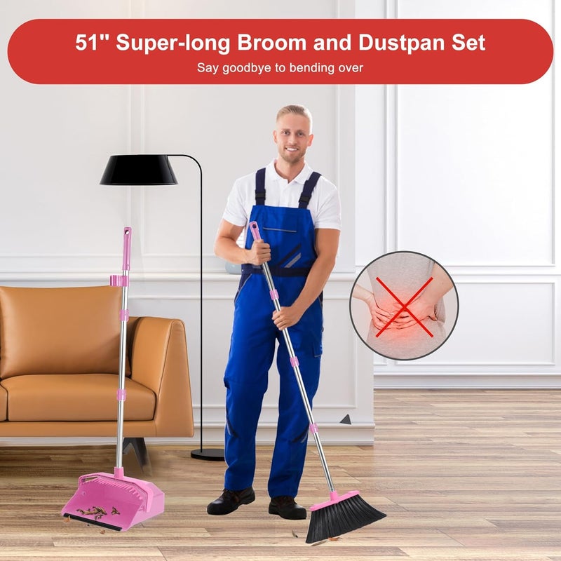 Tiumso Broom with Dustpan Combo Set, 51'' Broom and Dustpan Set, Brooms and Dust Pan with Handle, Brooms with Standing Dustpans, House Broom for Pets Hair and Floor Cleaning - Pink - Image 2